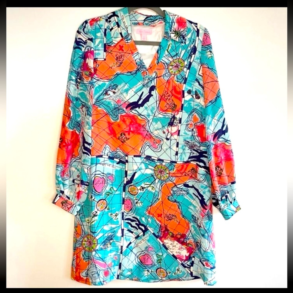Lilly Pulitzer X Marks The Spot Map 100% Silk V-Neck Dress Womens Size 6